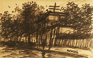 Building in street with telephone pole